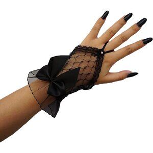 Women's Front Wrist Cuff Floral Lace Bow Wrist Black Mesh Bridal Prom Gloves